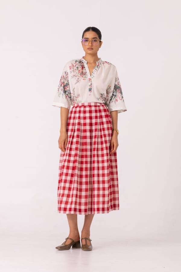 Red Checked Handwoven Cotton Midi Skirt with Box Pleats — The Summer House