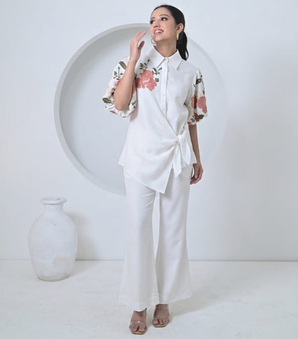 Gulab Short Linen Sleeve Side Tie-Up Co-Ord Set — RUCHIKA MALLIKA LABEL