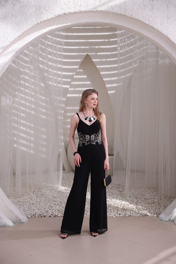 Black Embellished Wide-Leg Georgette Jumpsuit — EDITION II