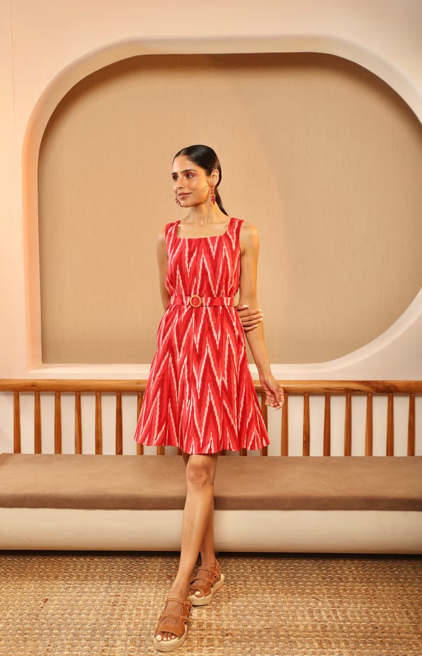 Red/Pink Ikat Chevron Belted Fit and Flare Mini Dress — MANVI DAGA STUDIO