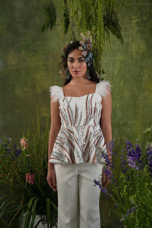 Ivory Sequin Peplum Top with Feather Shoulder Detail — Label IRIS