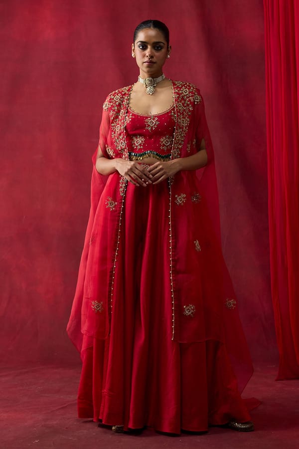 Red Embroidered Cape, Blouse and Sharara Co-ord Set — Shikha Mehta