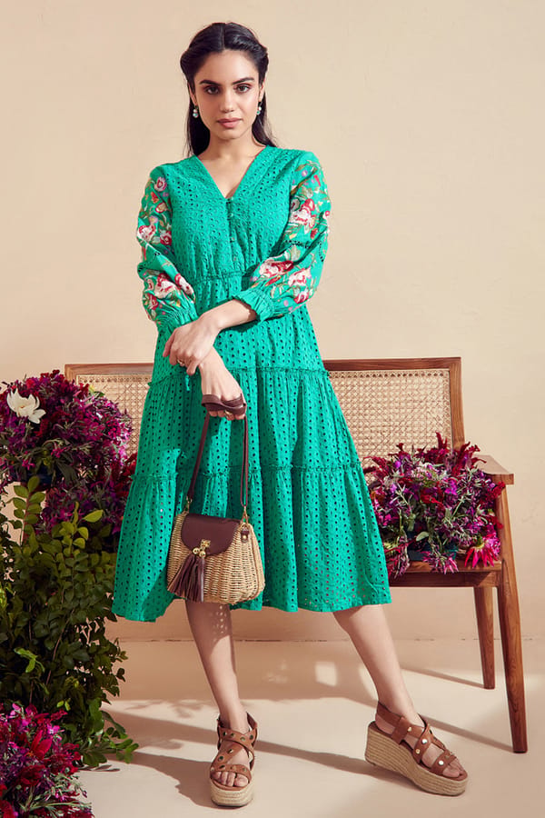 Broderie Tiered Midi Embroidered Dress — BOHO-CHIC