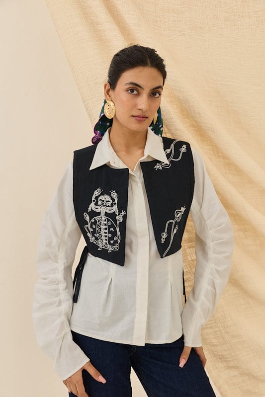 Black Handwoven Cotton Embroidered Bib Waistcoat — JODI