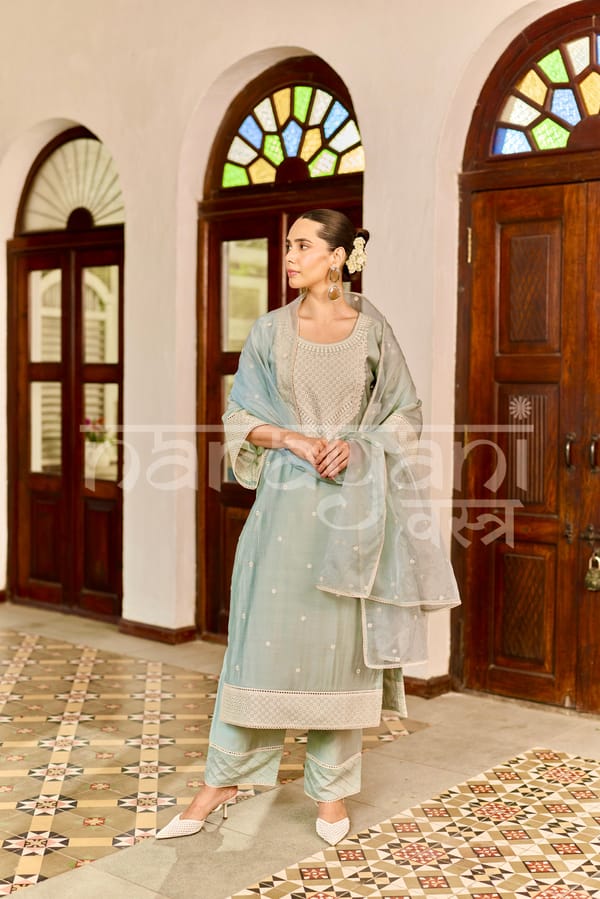 Zaha - Ice Blue Chanderi Suit Set — NARAYANI VASTRA