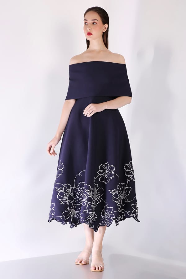 Navy Strapless Fit and Flare Midi Dress with Wrap — OZEQO