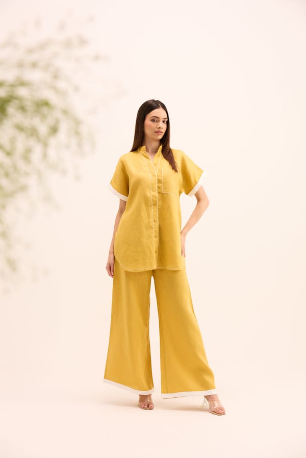 Yellow Ochre Linen Shirt and Wide-Leg Trousers Co-ord Set — Prink Tonic