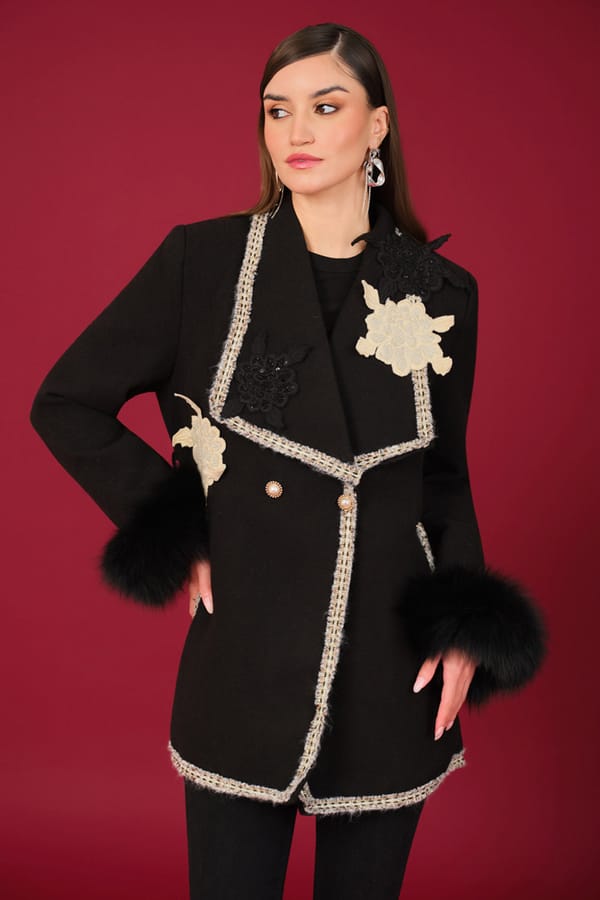 Black Wool Tailored Coat with Floral Applique — BOHO-CHIC