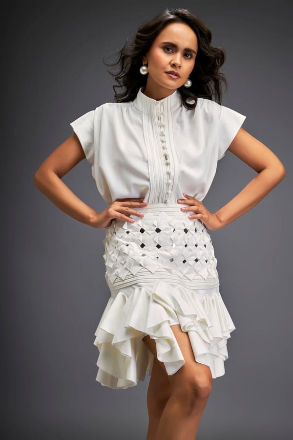 Silver & White High-Neck Top and Mini Skirt Co-ord Set — Deepika Arora