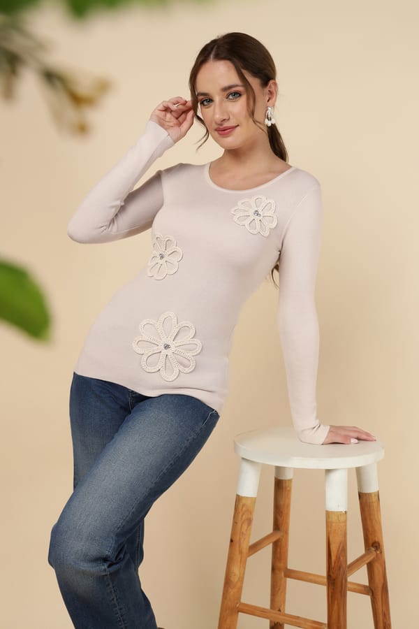 Beige Rib-Knit Pullover Sweater with Floral Applique — MnM
