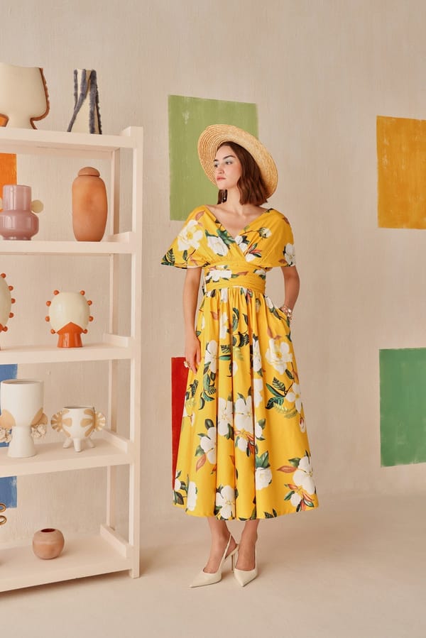 Yellow Magnolia Floral Fit and Flare Midi Dress — Sage by Mala