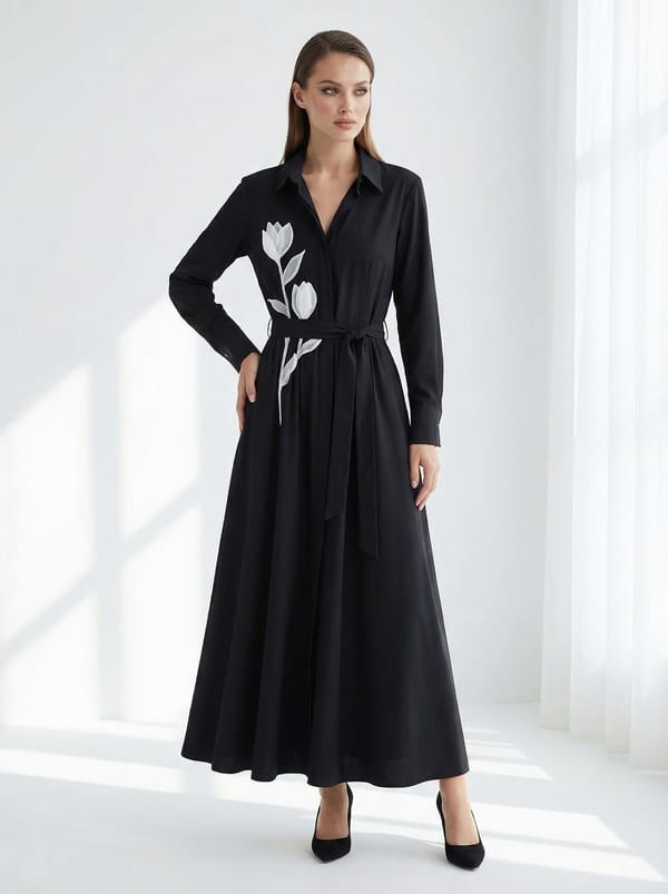 Black Maxi Shirt Dress with White Floral Applique — KIHIKI