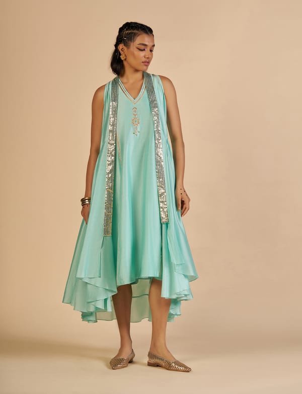 Aqua Silk Chanderi Sequin-Border Overlay Cape — Gulabo by Abu Sandeep