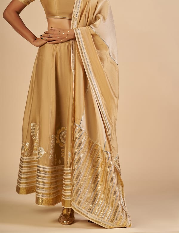 Beige Silk Chanderi Gota Border Maxi Skirt — Gulabo by Abu Sandeep