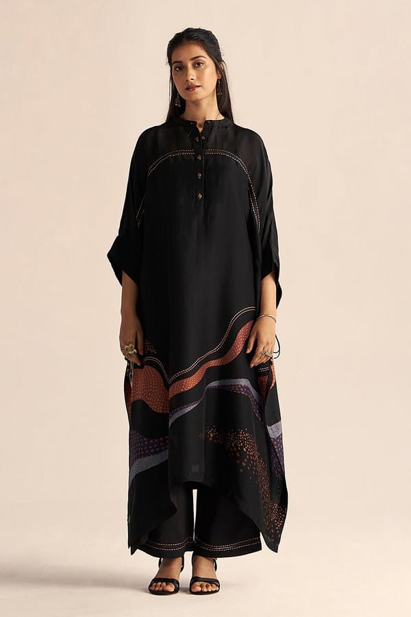 Black Silk Kaftan Co-ord Set with Wide-Leg Pants — Ganga Fashions Pvt Ltd
