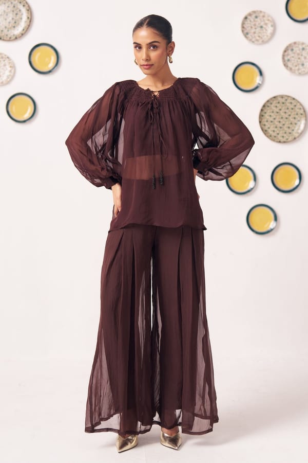 Chocolate Brown Sheer Gathered Top & Flowy Pants Co-Ord Set — Western Era