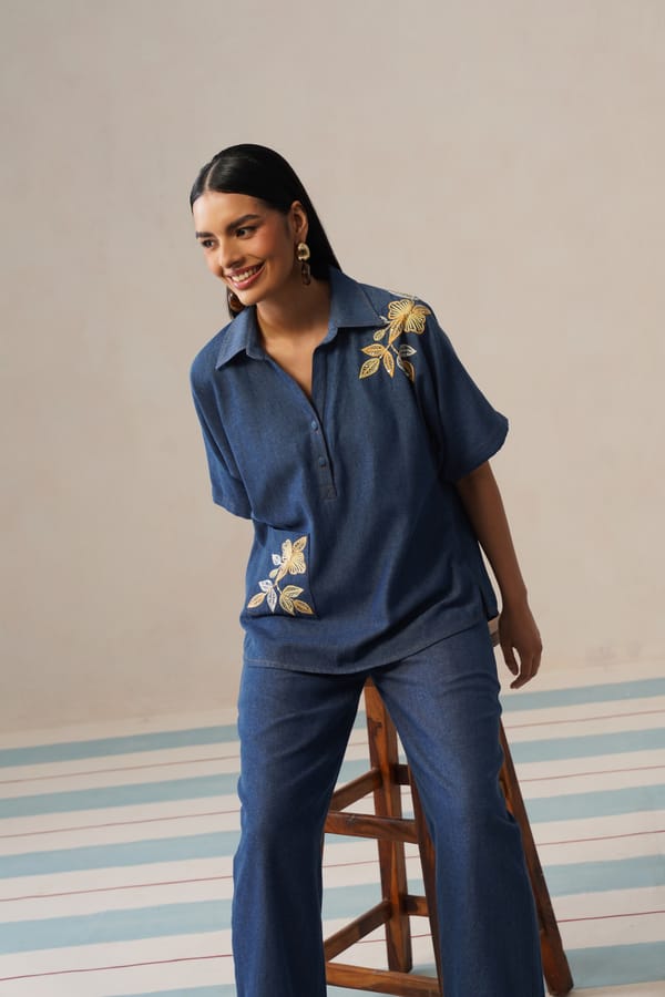 Blue Denim Embroidered Co-ord Set with Straight-Leg Pants — Armoire