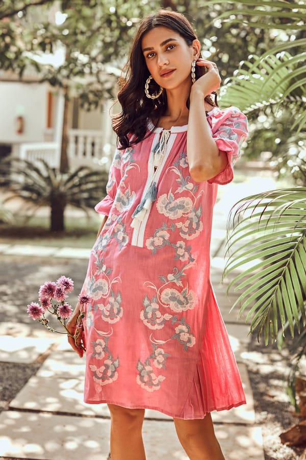 Pink Floral Linen A-Line Knee-Length Dress with Tie-Up Neck — BOHO-CHIC