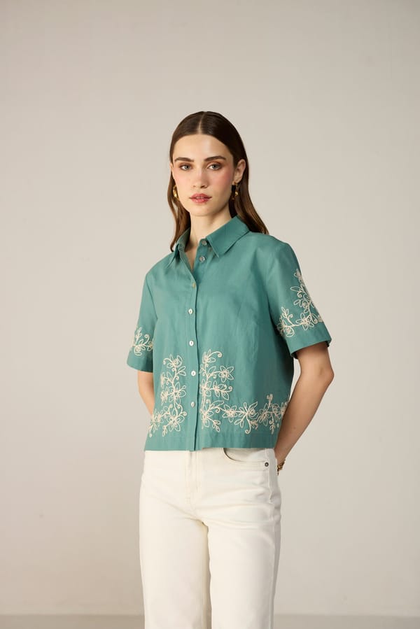 Lagoon Teal Embroidered Crop Button-Down Shirt — Calling June