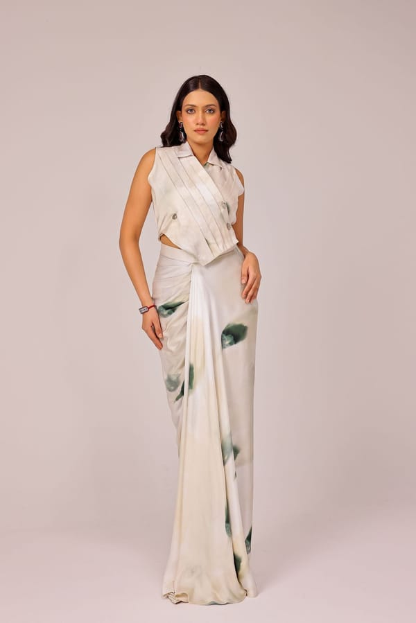 Ivory Printed Draped Skirt Co-ord Set — STUDIO SURBHI