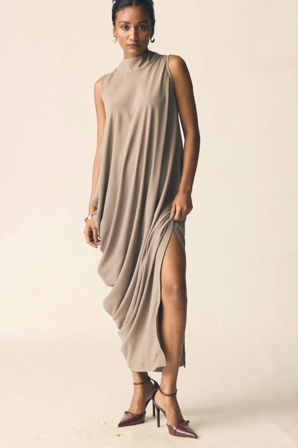 Brown High-Neck Asymmetrical Drape Midi Dress — Unrush