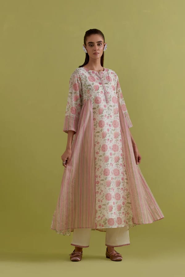 Off White Cotton Chanderi Floral Kurta Pant — Upavita