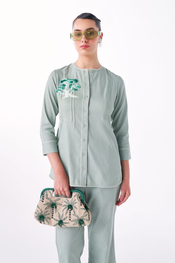Light Green Cotton Denim Shirt with Tree Embroidery — Our Love