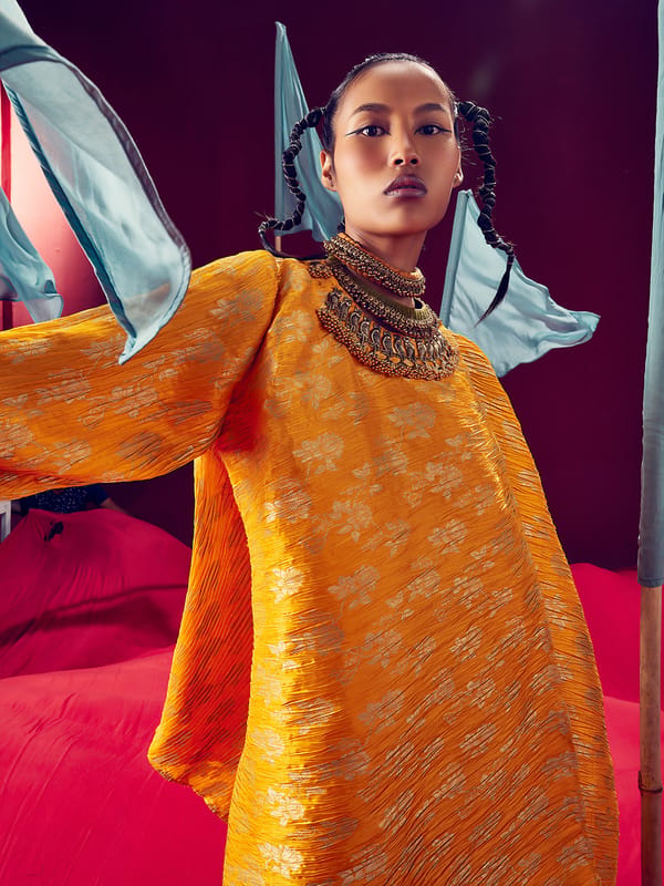 Yellow Brocade Top and Pant Co-ord Set with Embellished Neck — 5 Elements