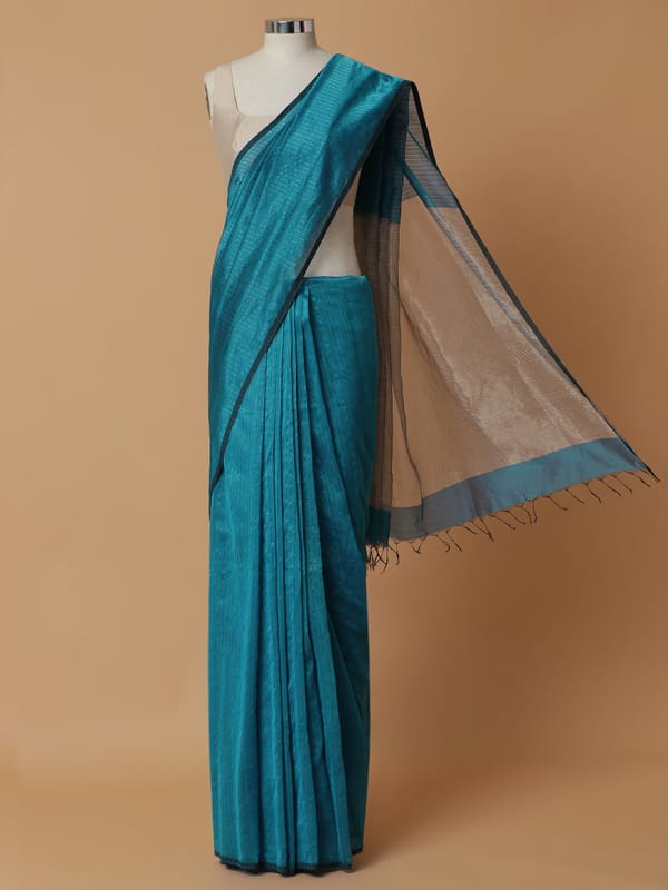 Maheshwari Cotton Silk Blue Striped Silver Border — BINKS