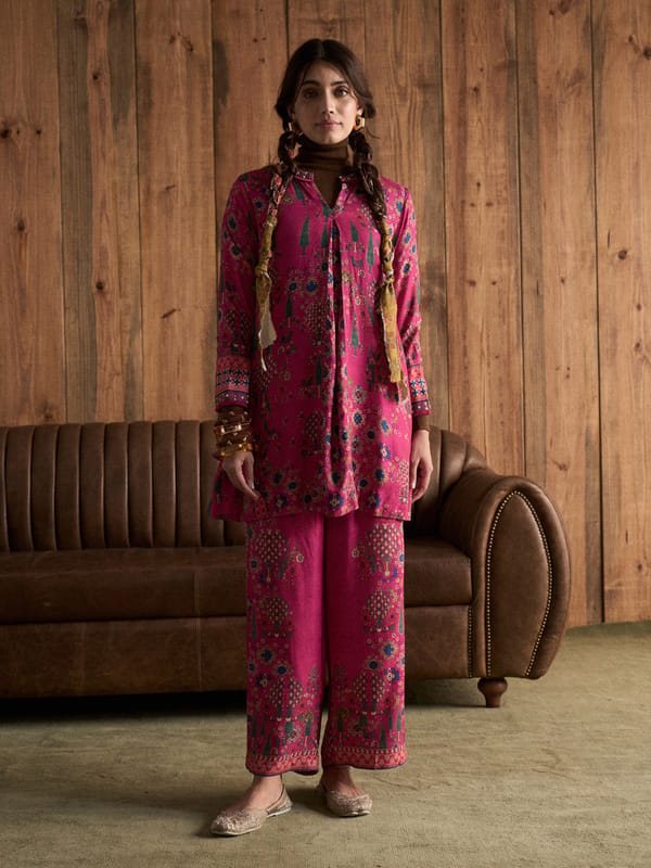 Pink Printed Kurta and Wide-Leg Pants Co-ord Set — SAUNDH
