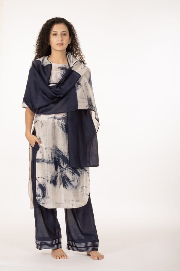 Blue Beige Abstract Print Chanderi Silk Kurta Set — Khat