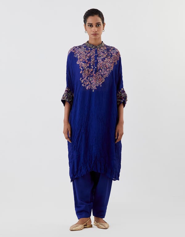 Blue Printed Kaftan with Salwar — Kavita Bhartia