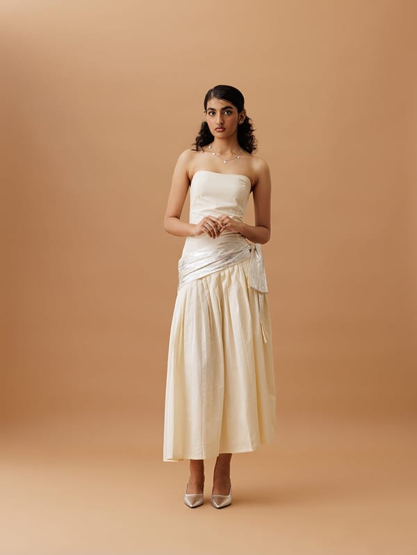 White Strapless Fit and Flare Pleated Midi Dress — OSE STUDIO