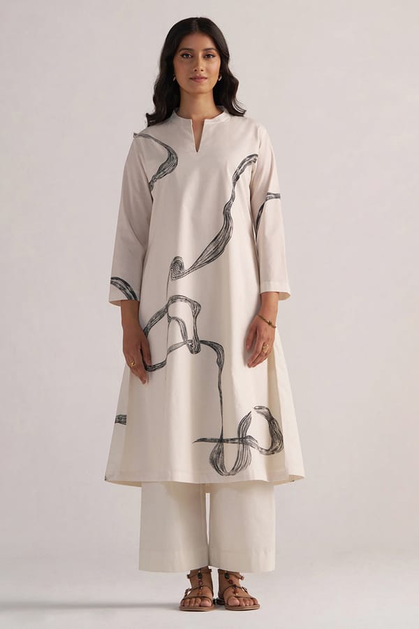 Cream and Black Abstract Printed Kurta and Pant Co-ord Set — Ganga Fashions Pvt Ltd