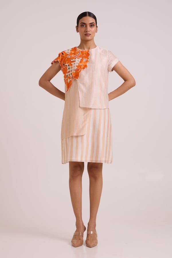 Striped Knee-Length Dress with Orange Cutwork Shoulder — Madder Much