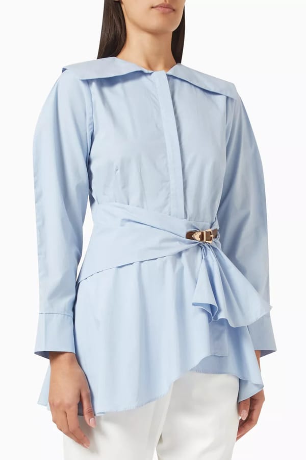 Sky Blue Cotton Poplin Belted Longline Shirt — NOTEBOOK