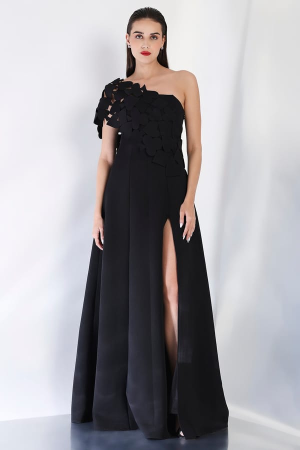 Black Strapless Maxi Gown with Detachable Cutwork Wrap — OZEQO
