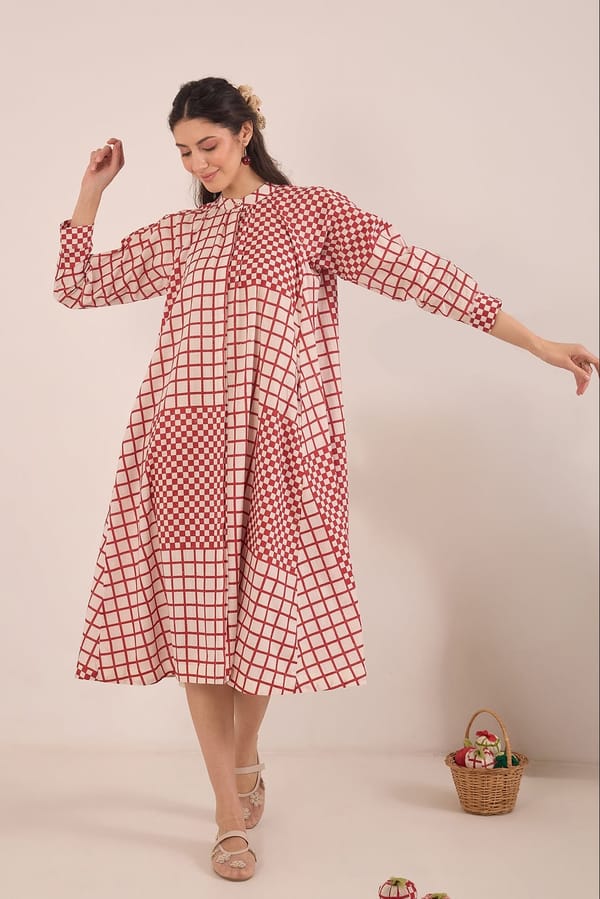 Red and Ivory Checked Cotton Midi Shirt Dress — SHIVANI BHARGAVA