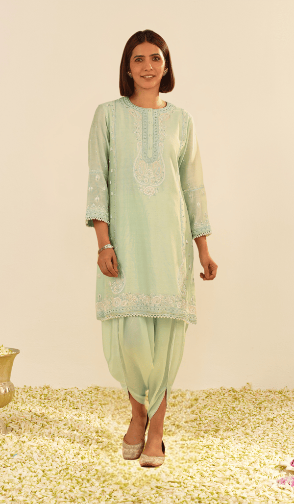 Mint Green Embroidered Kurta and Dhoti Set — Sheetal Batra