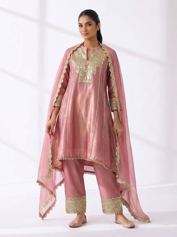 Dusty Pink Chanderi Zari Yoke Kurta Set with Dupatta — Gulabik