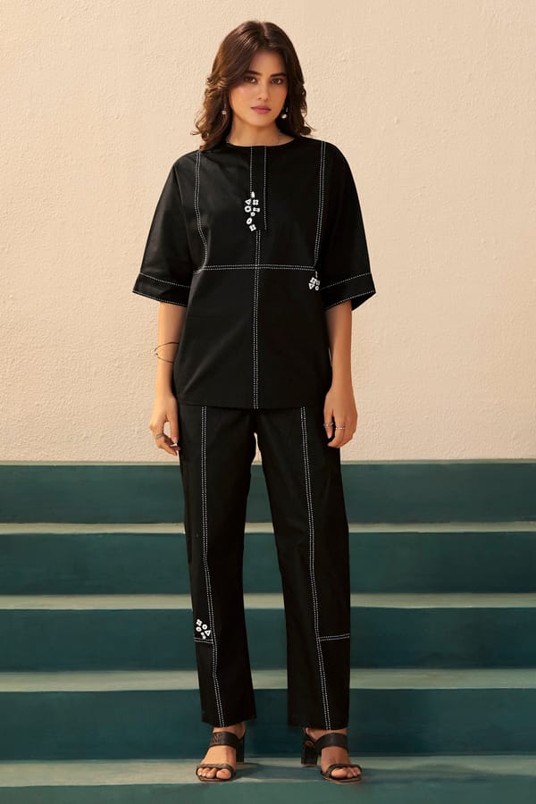 Black Poplin Co-ord Set with Contrast Stitching — Savaaya