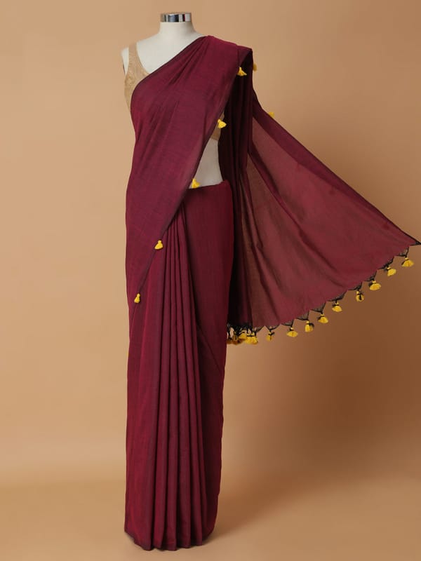 Deep Maroon Cotton Saree Tassels Rozaana — BINKS