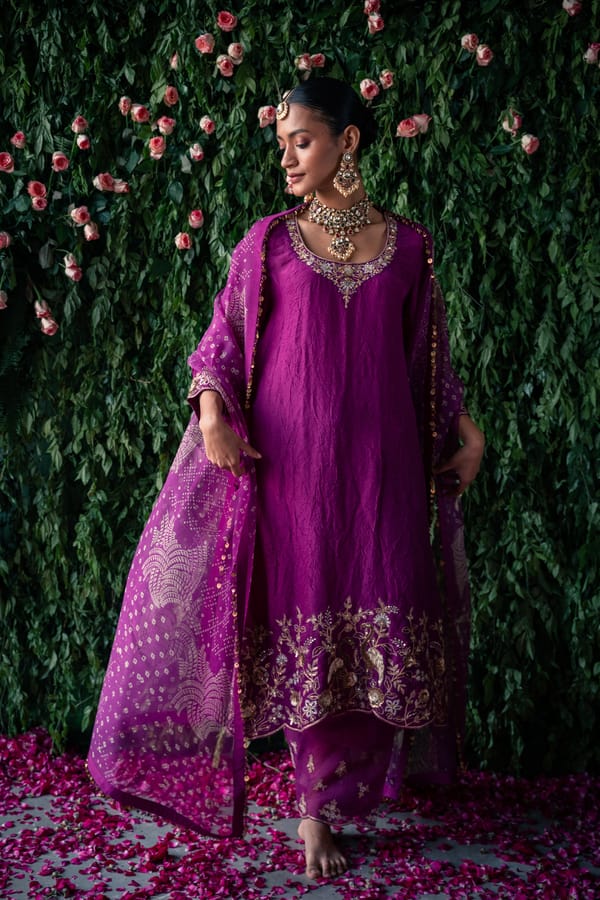 Mauve Crushed Silk Embroidered Kurta Set with Dupatta — Pooja Singhal