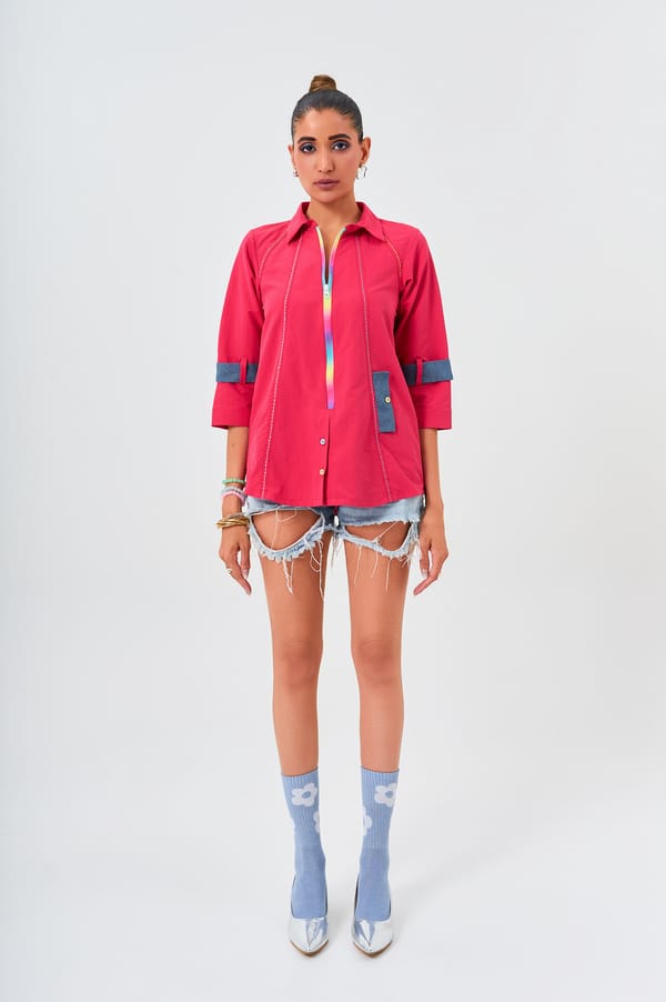 Hot Pink Zip-Front Cotton Shirt with Rainbow Zipper — KOR