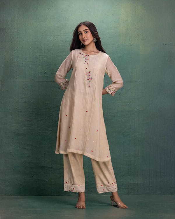Cream Machine Embroidery Co-Ord Set — Kahani Lush