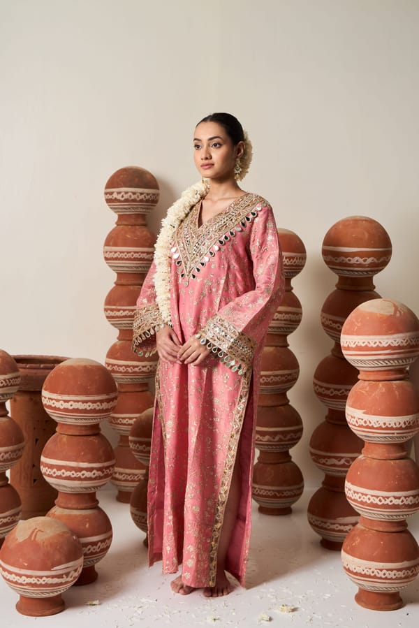 Pink Georgette Embroidered Kaftan with Mirror Work — TASUVURE