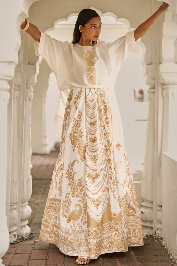 Ivory/Gold Benares Silk Brocade Panelled Maxi Skirt — Dash and Dot