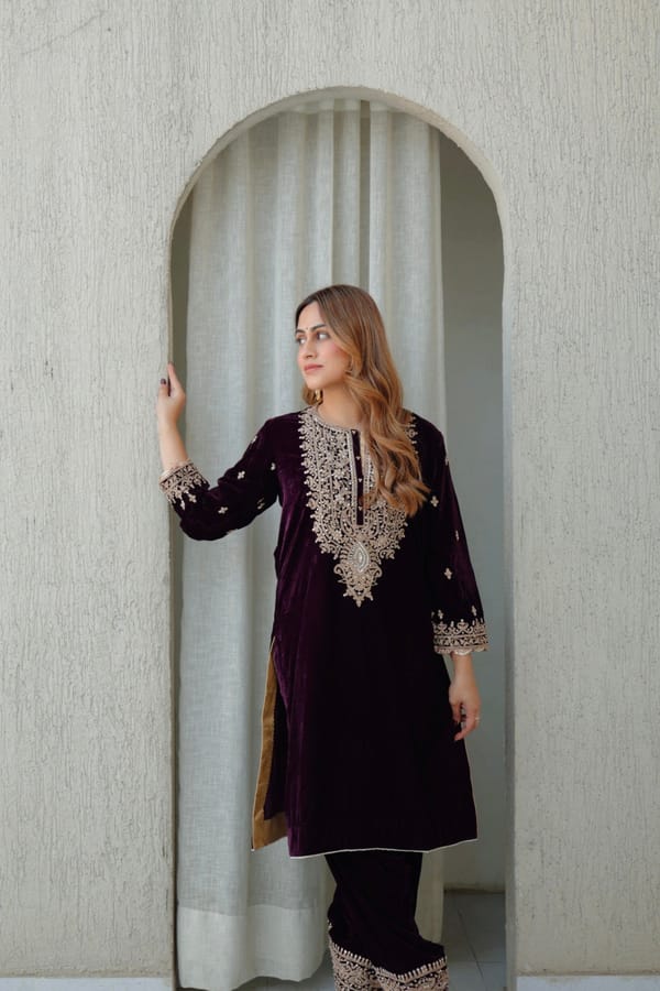Wine Silk Velvet Embroidered Kurta Set with Salwar — Sheetal Batra