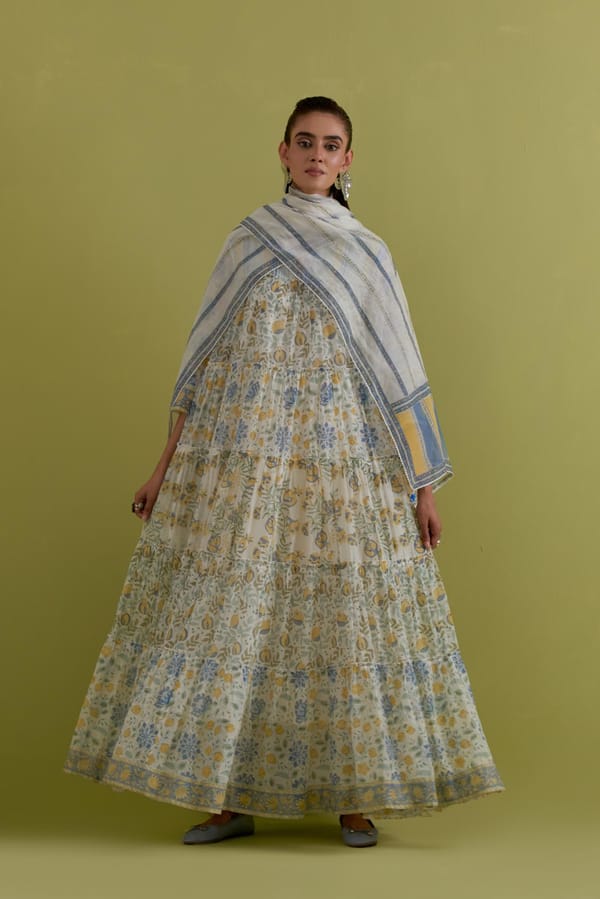 Off-White Blue Yellow Floral Block Print Tiered Kurta Set — Upavita