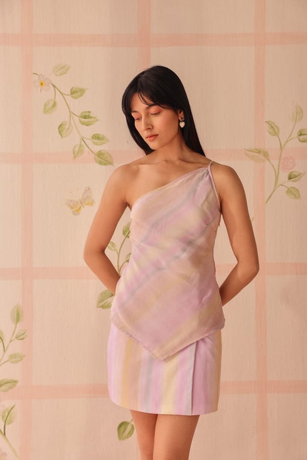 Lavender Sunset Stripe One-Shoulder Organza Top — Sage by Mala